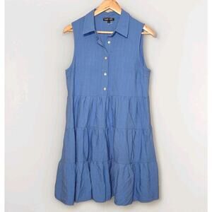 Boho Chic Collared Button Back Blue Tiered Sleeveless Dress Women’s L Vacation